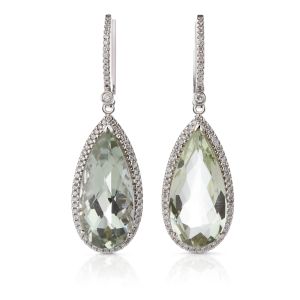 Prasiolite and Diamond Teardrop Earrings in 14K White Gold (22x11mm)