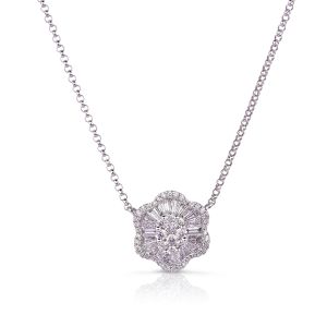 Baguette & Round Diamond Clover Cluster Necklace in 18K White Gold (1.19ct)