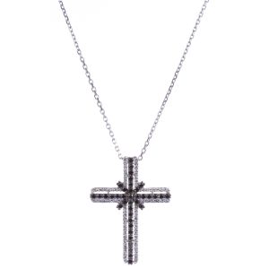Black and White Diamond Cross Pendant in 14K White Gold (1.17ct)