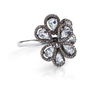 White Topaz and Diamond Flower Ring in 14K White Gold