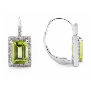Emerald Cut Peridot & Diamond Earrings in 14K White Gold