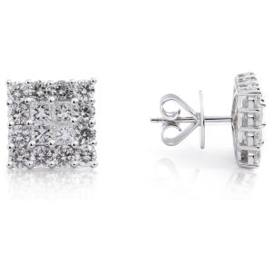 Diamond Square Cluster Stud Earrings in 18k White Gold (2.63ct)