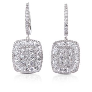 Cushion-Shaped Diamond Cluster Drop Earrings in 18K White Gold (3.22ct)