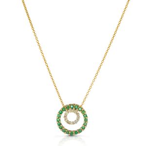 Double Circle Emerald & Diamond Pendant in 14K Yellow Gold (0.20ct)