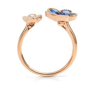 Sapphire Flower and Diamond Clover Open Floral Ring in 18K Rose Gold