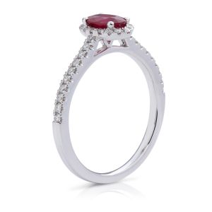 Oval Ruby and Diamond Halo Ring in 18K White Gold