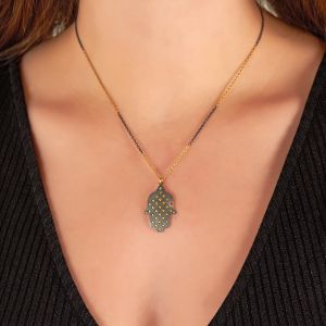 Crosshatch Hamsa Pendant in 24K Yellow Gold and Sterling Silver