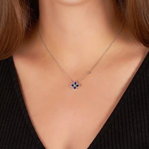 Diamond and Sapphire Clover Necklace in 18K White Gold