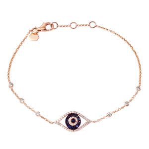 Blue Sapphire and Diamond Evil Eye Bracelet in 14K Rose Gold