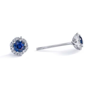 Blue Sapphire and Diamond Wave Halo Stud Earrings in 18K White Gold (5.7 mm)