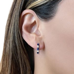 Oval Blue Sapphire and Diamond Hoop Earrings in 18K White Gold