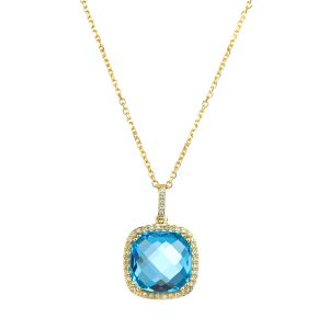 Cushion-Cut Blue Topaz and Diamond Halo Pendant in 14K Yellow Gold
