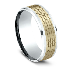 Men's Comfort Fit Brick Wall Two-Tone Wedding Band in 14k White and Yellow Gold (8mm)
