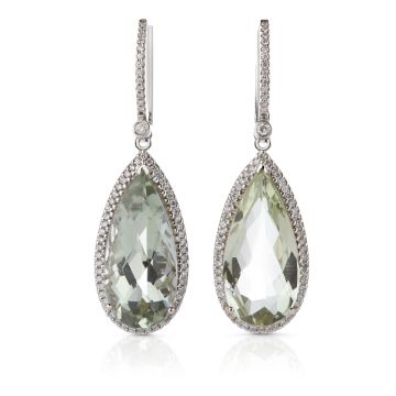 Prasiolite and Diamond Teardrop Earrings in 14K White Gold (22x11mm)