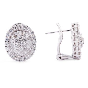 Baguette Diamond Oval Cluster Stud Earrings in 18K White Gold (2.03ct)