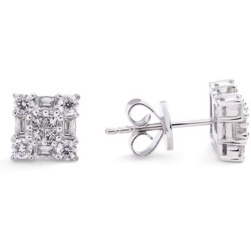 Square Cluster Diamond Stud Earrings in 18k White Gold