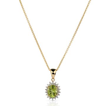 Oval Peridot Pendant with Diamond Halo in 14K Yellow Gold (8x6mm)
