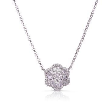 Baguette & Round Diamond Clover Cluster Necklace in 18K White Gold (1.19ct)