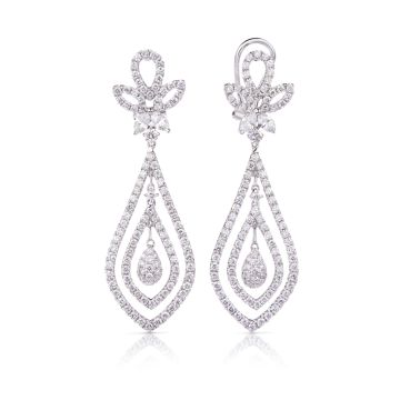 Double Halo Diamond Flower Chandelier Earrings in 18K White Gold (3.05ct)