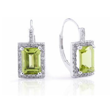 Emerald Cut Peridot & Diamond Earrings in 14K White Gold