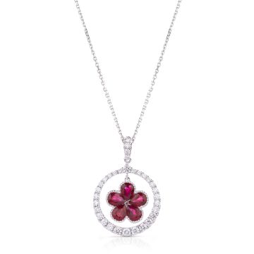 Floating Ruby Flower and Diamond Halo Pendant in 18K White Gold (0.50ct)
