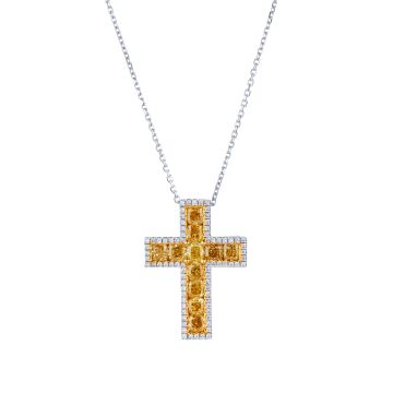 Fancy Yellow and White Diamond Cross Pendant in 18K White and Yellow Gold (2.02ct)
