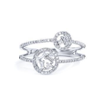 Double Row Open Circle Baguette Diamond Ring in 14K White Gold (0.38ct)