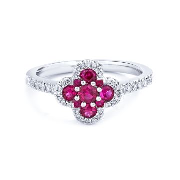 Diamond Halo Ruby Quatrefoil Ring in 18K White Gold