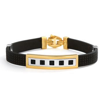 Black Rubber with Two-Tone Accent Bar Bracelet in 14K Yellow and White Gold