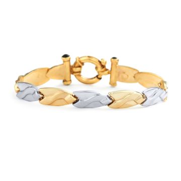 Two Tone Oval Link Wave Bracelet with Onyx in 14K Yellow and White Gold