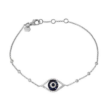 Blue Sapphire and Diamond Evil Eye Bracelet in 14K White Gold