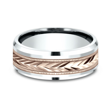 Men's Comfort-Fit Diamond-Cut Two Tone Wedding Band with Milgrain in 14k Rose and White Gold (8mm)
