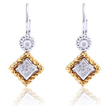 Two-Tone Square Shaped Diamond Drop Earrings in 14K White and Yellow Gold (0.08ct)