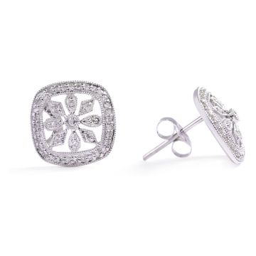 Vintage-Inspired Square Diamond Milgrain Floral Stud Earrings in 14K White Gold (0.29ct)