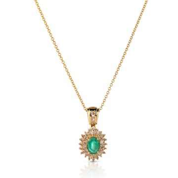 Oval Emerald and Double Diamond Halo Pendant in 14K Yellow Gold (7x5mm)