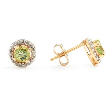 Peridot and Diamond Halo Studs in 14K Yellow Gold