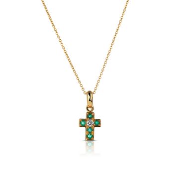 Emerald and Diamond Cross Pendant in 18K Yellow Gold (2mm)
