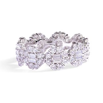 Baguette and Round Diamond Floral Eternity Ring in 18K White Gold (2.82ct)