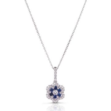 Drop Flower Sapphire & Diamond Pendant in 14K White Gold (2mm)