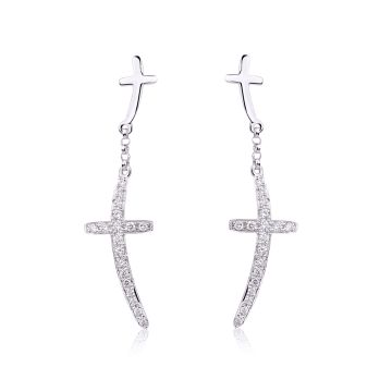 Double Cross Diamond Pavé Drop Earrings in 14K White Gold (0.15ct)
