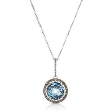 Blue Topaz & Diamond Halo Pendant in 14k White Gold (10.80mm)