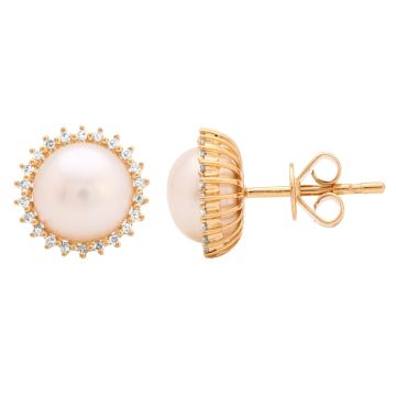 Round Freshwater Pearl & Diamond Stud Earrings in 14K Yellow Gold (7.5mm)
