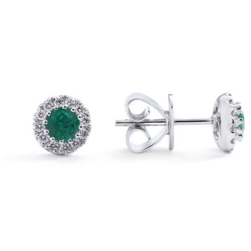 Emerald & Diamond Halo Studs in 18K White Gold