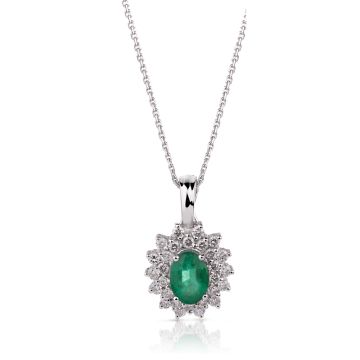 Emerald & Diamond Halo Pendant in 14K White Gold (7x5mm)