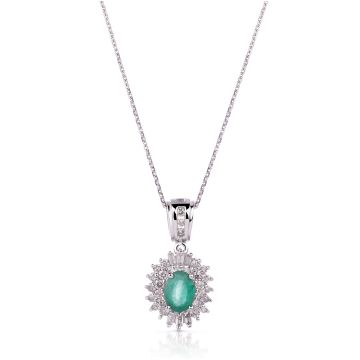 Emerald & Double Diamond Halo Pendant in 14K White Gold (7x5mm)