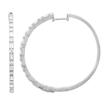 Alternating Round and Baguette Diamond Hoop Earrings in 14K White Gold (1.22ct)