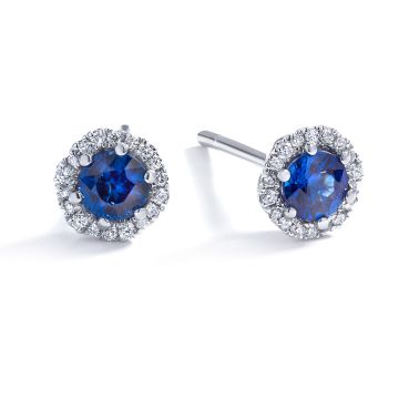 Blue Sapphire and Diamond Wave Halo Stud Earrings in 18K White Gold (5.7 mm)
