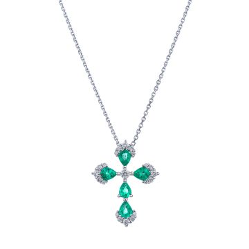 Emerald and Diamond Cross Pendant in 18K White Gold