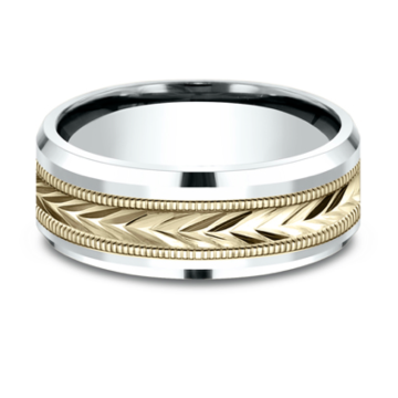 Men's Comfort-Fit Diamond-Cut Two Tone Wedding Band with Milgrain in 14k Yellow and White Gold (8mm)