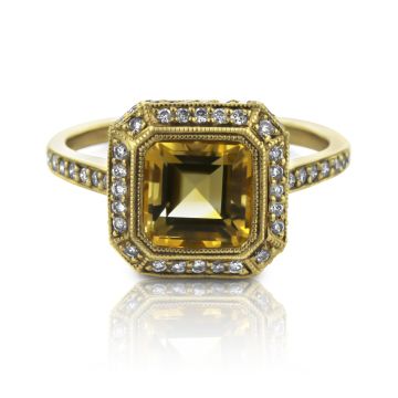 Art Deco Citrine and Diamond Ring in 14K Yellow Gold